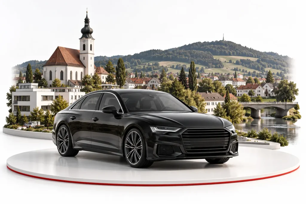 Autoankauf in Ansfelden: Fahrzeug vor einer illustrativen Stadtansicht