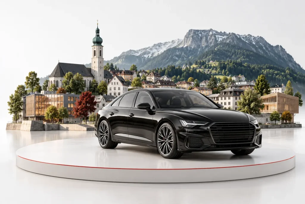 Autoankauf in Dornbirn: Fahrzeug vor einer illustrativen Stadtansicht