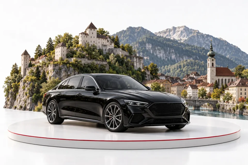 Autoankauf in Feldkirch: Fahrzeug vor einer illustrativen Stadtansicht