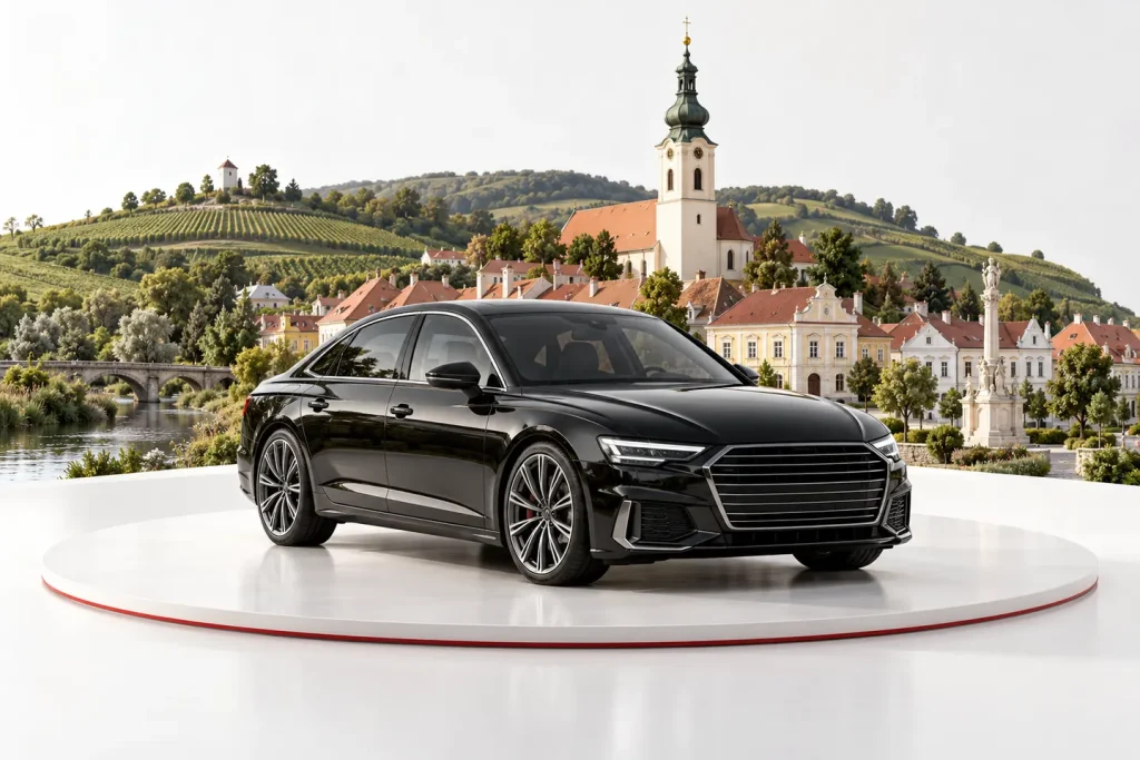 Autoankauf in Hollabrunn: Fahrzeug vor einer illustrativen Stadtansicht