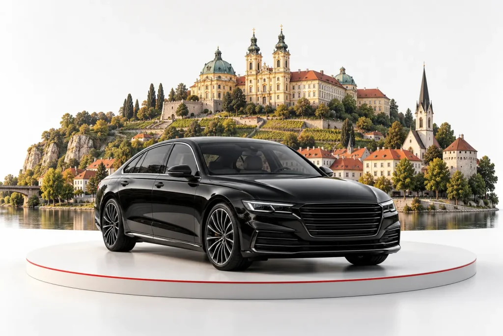 Autoankauf in Klosterneuburg: Fahrzeug vor einer illustrativen Stadtansicht