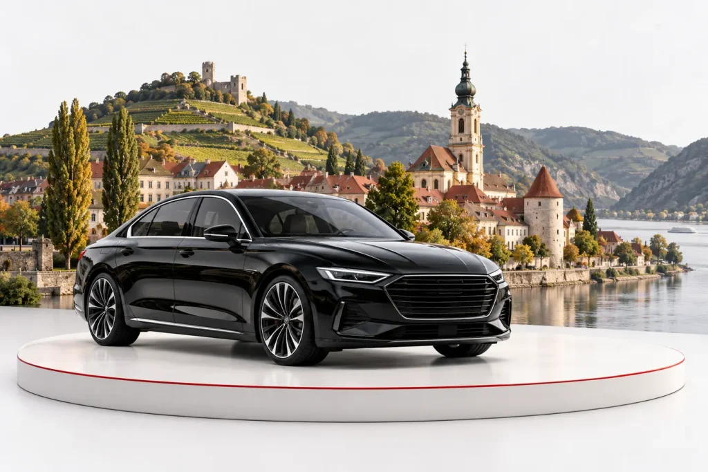 Autoankauf in Krems an der Donau: Fahrzeug vor einer illustrativen Stadtansicht