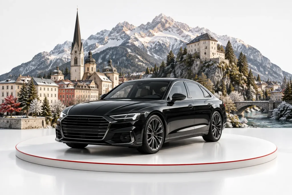 Autoankauf in Lienz: Fahrzeug vor einer illustrativen Stadtansicht