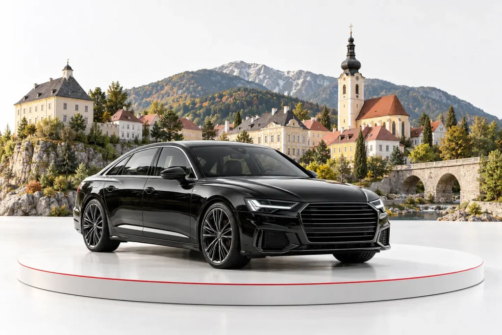 Autoankauf in Neunkirchen: Fahrzeug vor einer illustrativen Stadtansicht