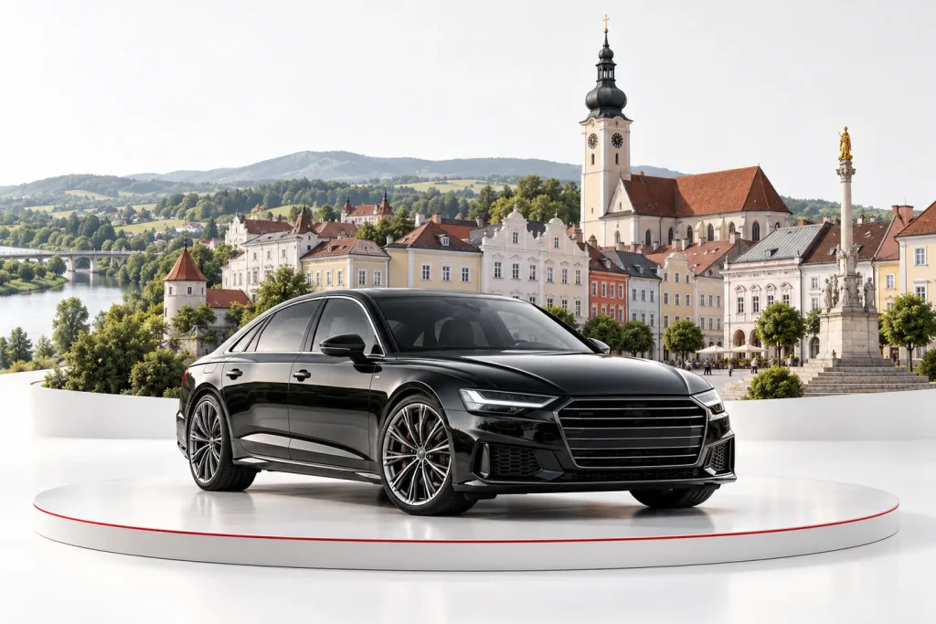 Autoankauf in Ried im Innkreis: Fahrzeug vor einer illustrativen Stadtansicht