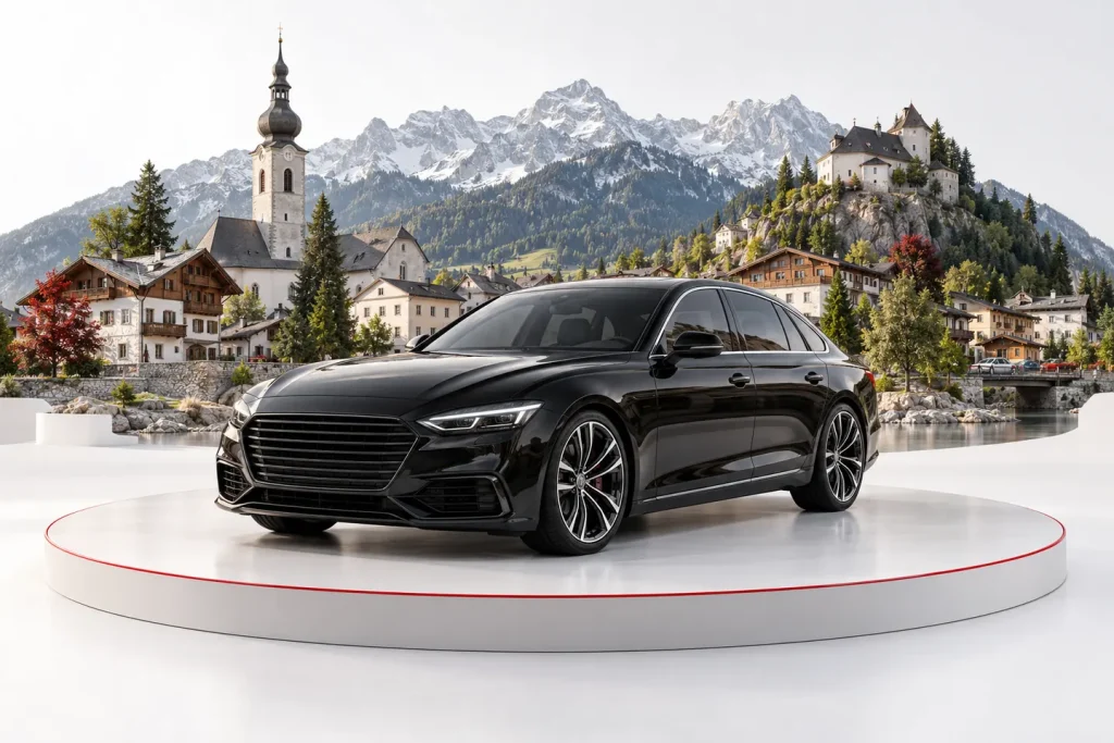 Autoankauf in Saalfelden: Fahrzeug vor einer illustrativen Stadtansicht