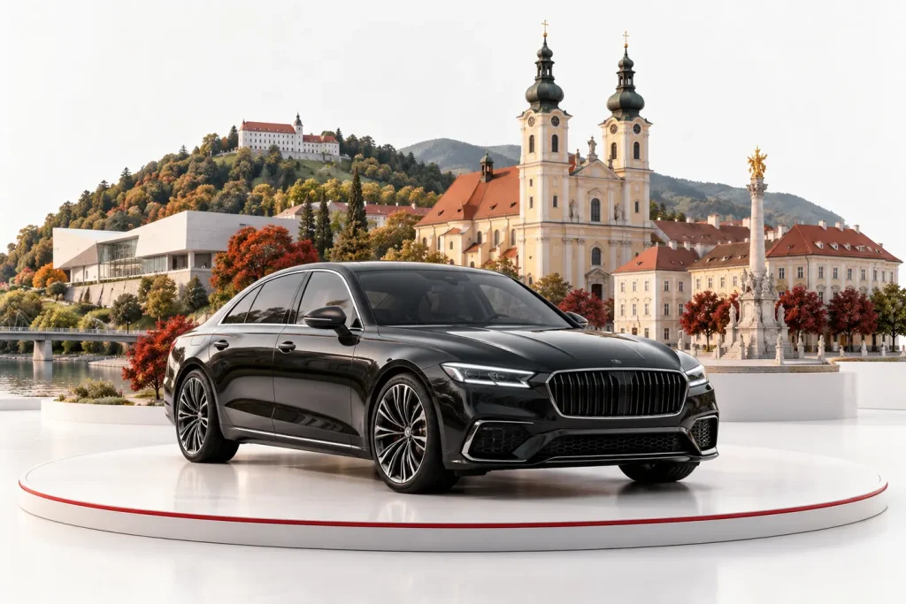 Autoankauf in Sankt Pölten: Fahrzeug vor einer illustrativen Stadtansicht