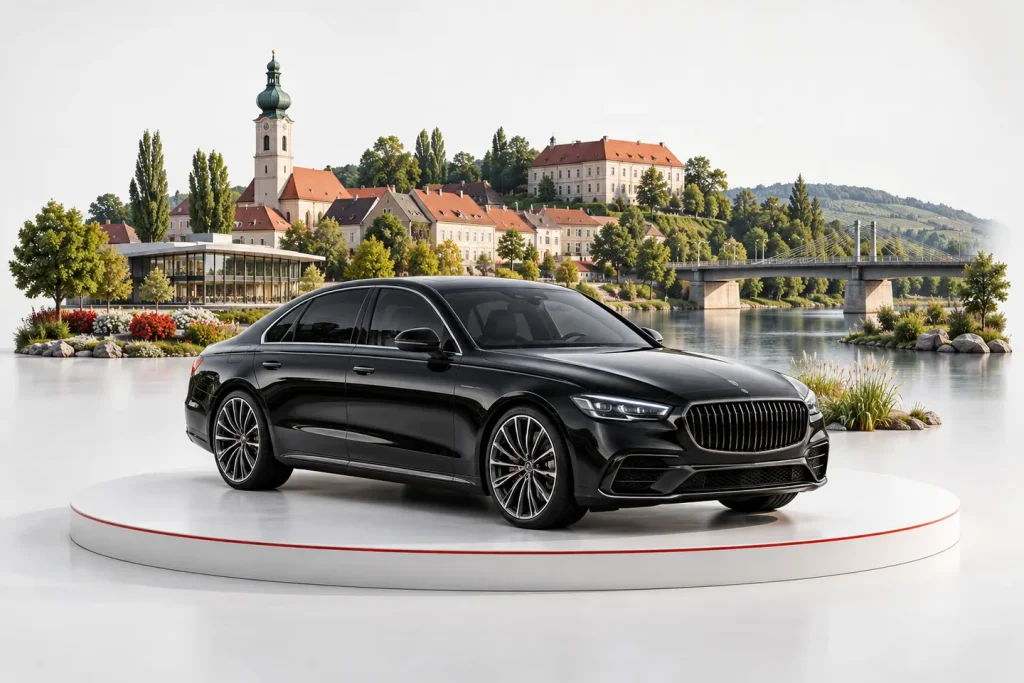 Autoankauf in Tulln an der Donau: Fahrzeug vor einer illustrativen Stadtansicht