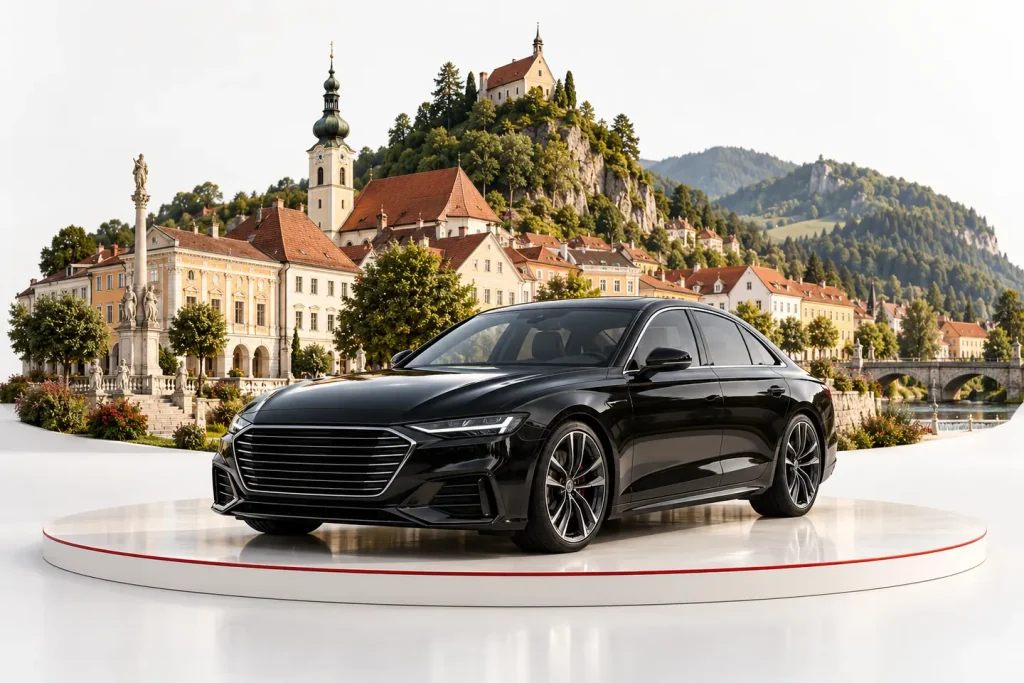 Autoankauf in Weiz: Fahrzeug vor einer illustrativen Stadtansicht