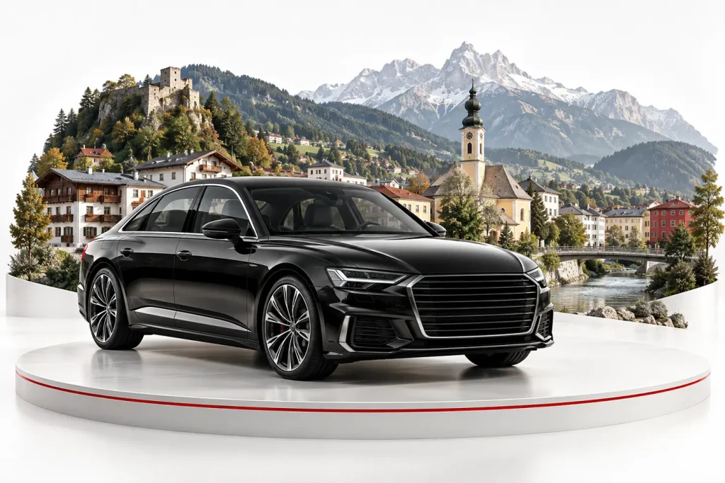 Autoankauf in Wörgl: Fahrzeug vor einer illustrativen Stadtansicht