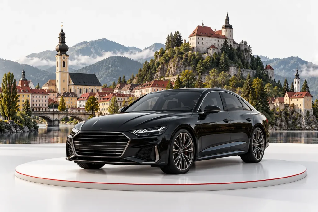 Autoankauf in Wolfsberg: Fahrzeug vor einer illustrativen Stadtansicht